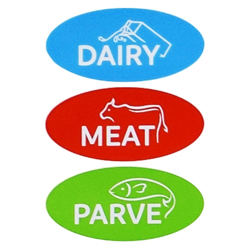 The Kosher Cook 36 Assorted Kosher Labels - 12 Blue Dairy, 12 Red Meat, 12 Green Parve Stickers -Oven Proof up to 500Â°, Freezable, Microwavable, Dishwasher Safe, English â€“ Color Coded Kitchen Tools by The Kosher Cook - Image 1
